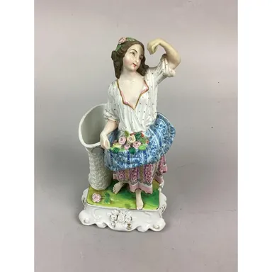 Antique Rare Ornate Candlestick Holder Of A Woman Carrying Flowers - 8.5”H
