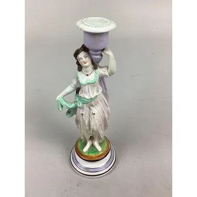 Rare Antique English Derby Hard Paste Porcelain Woman & Candlestick Holder - 8”