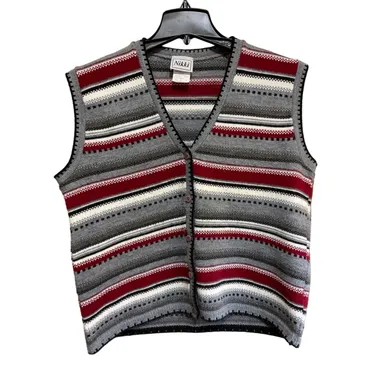 Nikki Men's XL Sweater Vest Multicolor Striped Full Button USA Made 100% Acrylic