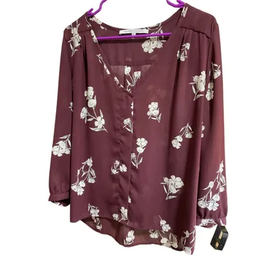 Collective Concepts Sheer Floral Long Sleeve Large Top V-Neck Lightweight