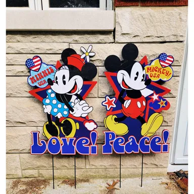 Mickey & Minnie Mouse 70s Hippie Theme Peace & Love Yard Stake Decorations NEW