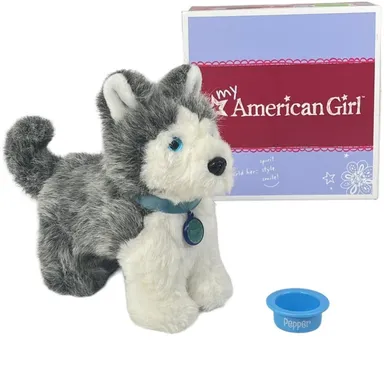 American Girl PEPPER DOG + Name Collar & Water Bowl Siberian Husky Blue Eyes BOX