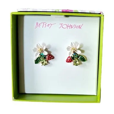 Betsey Johnson Flowers and Strawberries Stud Earrings Gold Tone Red Green White