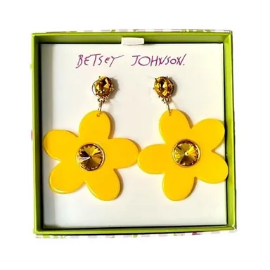 Betsey Johnson Flower Dangle Earrings Gold Tone Yellow