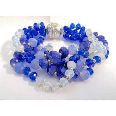 Vtg 5 Multi Strand Magnetic Bracelet Blue Crystal Beaded Beads Glass Rhinestones