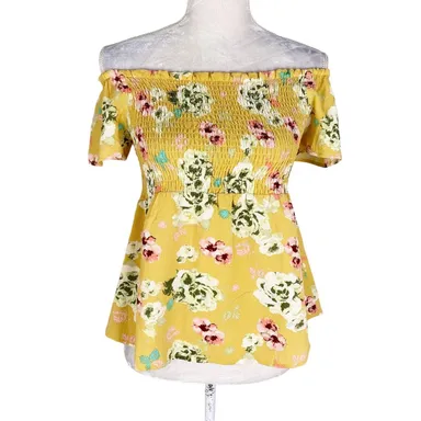 Monteau Top L Yellow Floral Off Shoulders Short Sleeve New