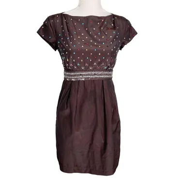Moschino Dress 8 Brown Beading Silk Cap Sleeves