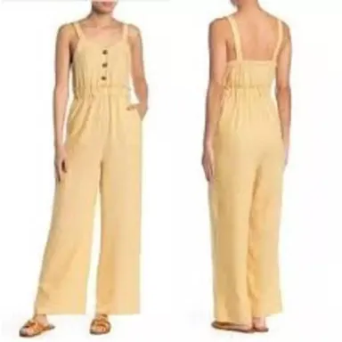 Romeo + Juliet Couture Jumpsuit Yellow White Stripes Small Linen Blend Pockets