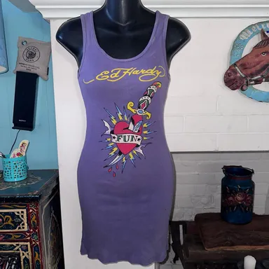 VINTAGE Y2K  ED HARDY PURPLE RIBBED TANK DRESS ONE SIZE FITS ALL