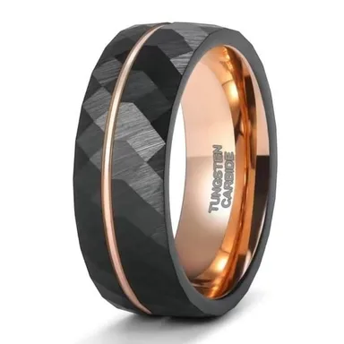 Tungsten Carbide Steel Mens Inlaid Rose Gold Black Rhombic Design Ring