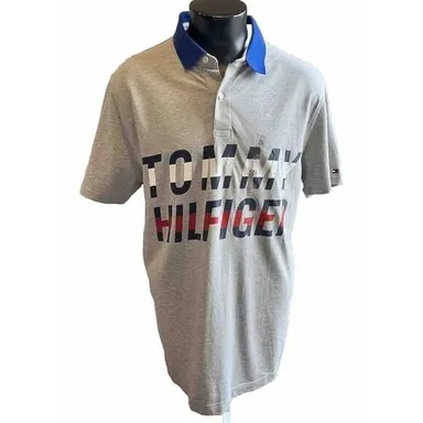 Tommy Hilfiger Shirt Graphic Short Sleeve Polo Mens XL Slim Fit Gray Blue Red