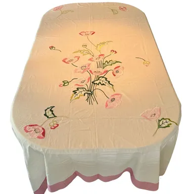 Pink Poppies Cottage Core Embroidered Tablecloth 64x84 In Flower Garden Country