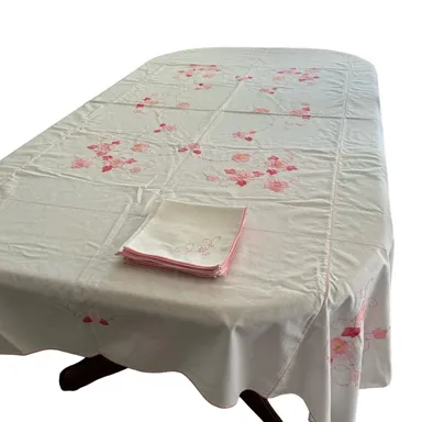 Handmade White Pink Flowers Appliquéd Embroidered Tablecloth 64x82 8 Napkins 