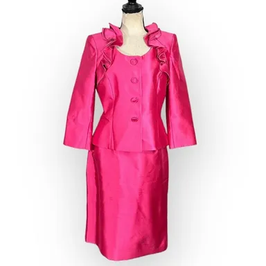 Tahari ASL Luxe 2 Piece Set Women's 8 Pink Taffeta Pencil Skirt Blazer Jacket 