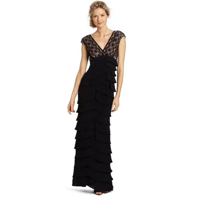 Adrianna Papell Maxi Dress Women's 10 Black Tiered Gown Cap Sleeve V-Neck