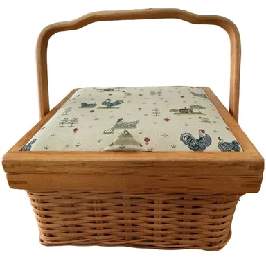 Farmhouse Roosters Chickens Corn Country Sewing Basket Bos Caddy 7x7x4 Handle