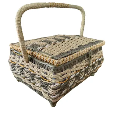 Vintage Green Gold Wicker Sewing Box Caddy Basket Japan MCM 1960s Granny Core