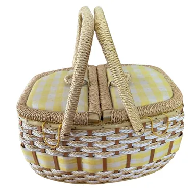 Vintage JC Penney Sewing Box Caddy Basket Yellow Gingham Cottage Core Japan MCM
