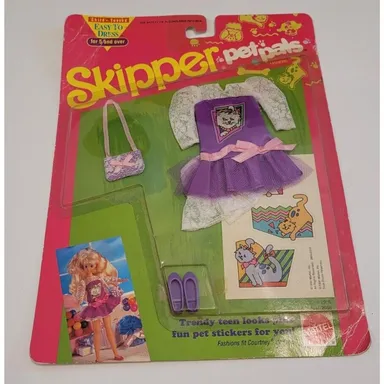 Vintage Barbie Skipper Pet Pals Outfit 2955 New On Card Dress Shoes Purple Cat