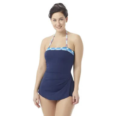 Roxanne Size 10 (34C) Blue Bandeau Sarong One Piece Removable Strap Bathing Suit
