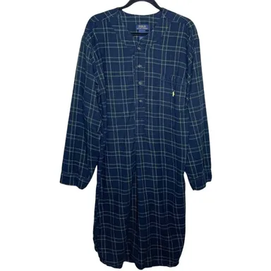 Men's POLO Ralph Lauren navy plaid flannel long night shirt size medium 