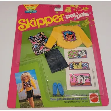 Vintage Barbie Skipper 1991 Pet Pals Outfit 2956 New On Card Yellow Cat Top Vest