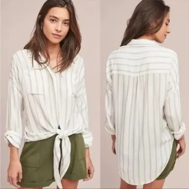 Anthropologie Maeve Sandbridge White Striped Button-down Neutral Shirt S