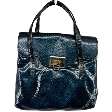 Vintage Embossed Snakeskin Handbag Flip Lock Closure Compartment Blue One Size