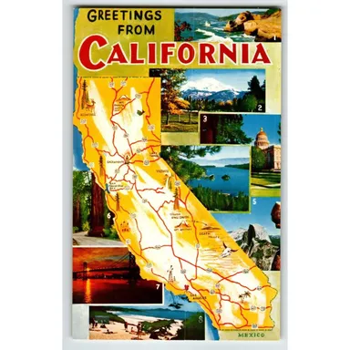 Greetings From California Map Postcard Chrome State Unused Coast Beaches Lakes