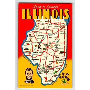 Greetings From Illinois Postcard Map Chrome State Abe Lincoln Violet Unused