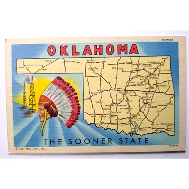 Greetings From Oklahoma Map Large Letter Linen Postcard Curt Teich Sooner State