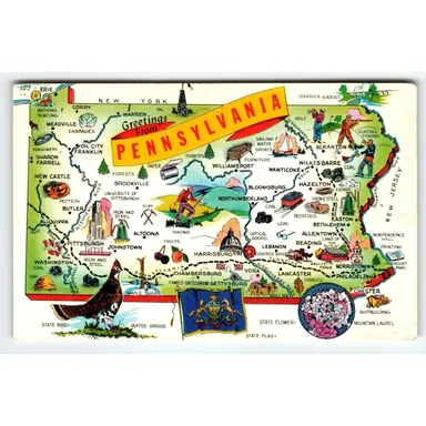 Greetings From Pennsylvania Map Postcard Chrome State Bird Ruffed Grouse Flag