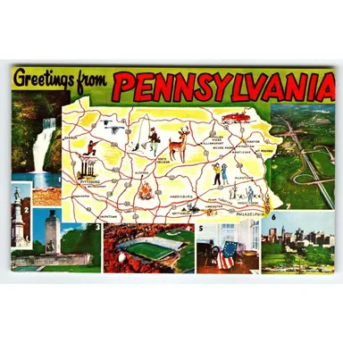 Greetings From Pennsylvania Map Postcard Chrome Vintage Unused Color Card