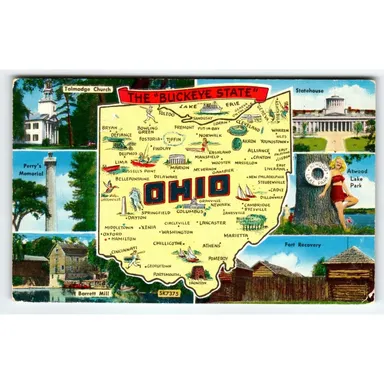 Ohio Map Postcard Chrome Atwood State Park Swim Suit Lady Fort Recovery 1958