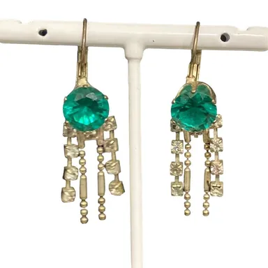 Vintage Drop Earrings Green Stone Silver Tassels
