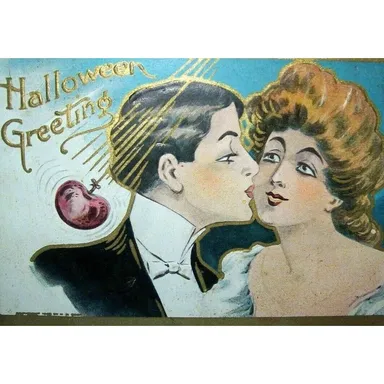 Antique Halloween Postcard Kissing Couple Embossed Vintage Original Gold Border
