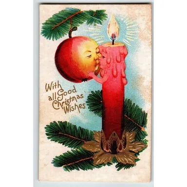 Christmas Postcard Fantasy Kissing Apple Candle With Human Face Anthropomorphic