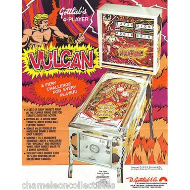 Vulcan Pinball FLYER Original Game Art Sheet Fantasy Fire God 1977 Retro Vintage