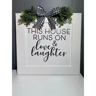 This House Runs on Love & Laughter Wood Sign Upcycled Handmade Farmhouse Decor