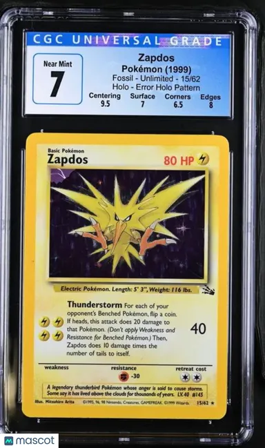 1999 Pokémon Fossil Zapdos #15/62 Holo English CGC 7