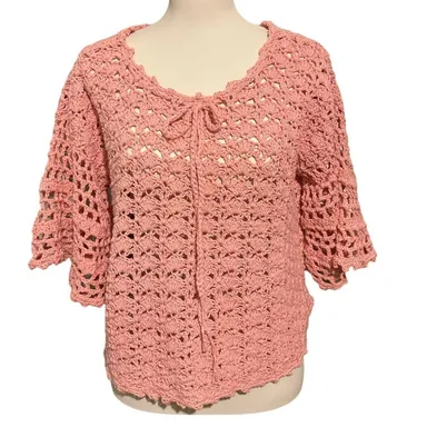 Feminine Boho Pink Crochet Crop Top Size Large Bell Sleeves Sheer Boxy Romantic