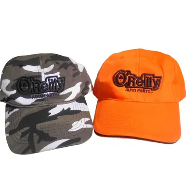 2 O'Reilly Auto Parts Embroidered Ball Caps, 1 x Orange & 1 Woodland Camoflauge