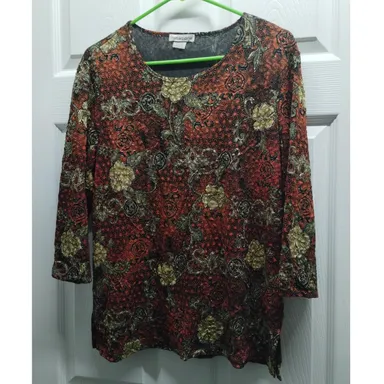 Vintage Notations Women's Size Medium Orange Floral 3/4 Sleeves Made in USA Top