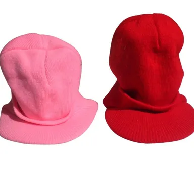 2 Cuff Beanie Visor Derby Caps, 1 Red & 1 Pink, 100% Acrylic, Cuff Style Caps