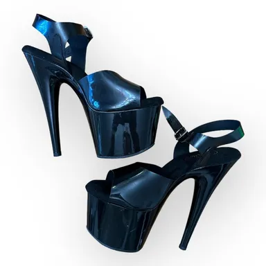 Pleaser Adore 709 Ankle-Strap Black Patent Platform Dancer Heels Size 8