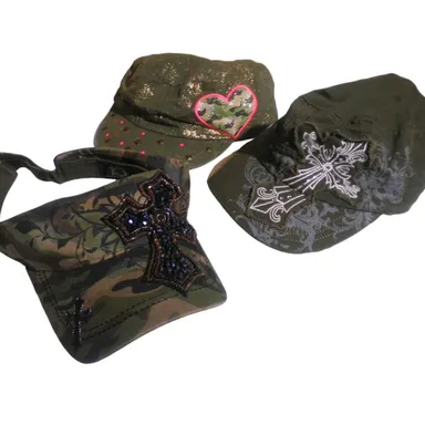 3 Women's bedazzled Distressed Caps / Hats, Green Caps, See Photos