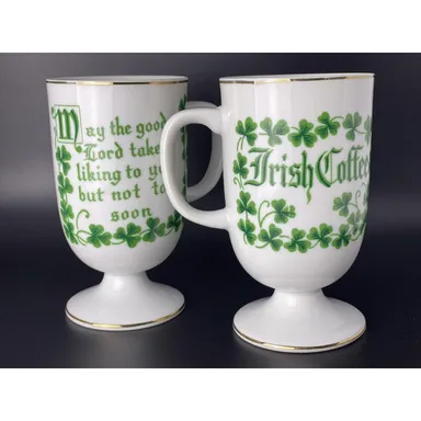 Vintage Footed Irish Coffee Mug with Shamrocks Gold Trim and Witty Irish Saying