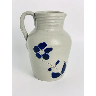 Williamsburg Pottery Salt Glaze small jug/pitcher/pourer w/blue flower carving