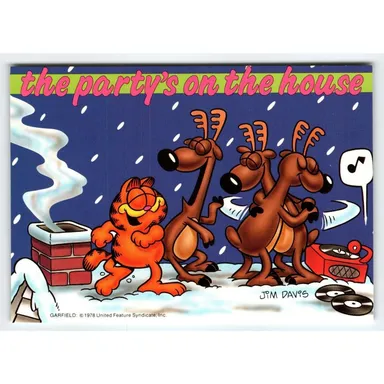 Garfield Cat Christmas Postcard Reindeer Roof Party Records Music Jim Davis 1978