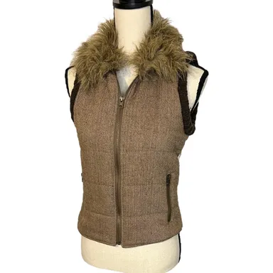 Women's BB Dakota Vest Brown Faux Fur Collar Woven Knit Panel Full Zip Size XS